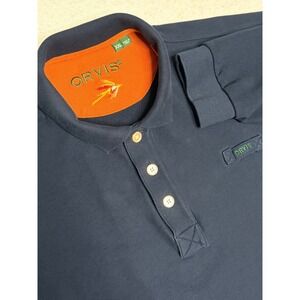Orvis Mens XXL Navy Blue Long Sleeve Pique Polo Shirt Cotton Fly Fishing 2JJJ